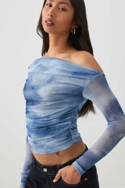 Asymmetrical Ruched Mesh top