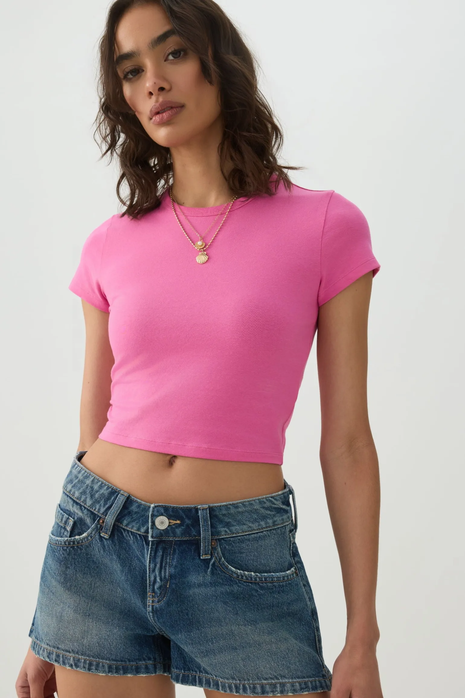 Basic Cropped Crew Neck T Shirt
