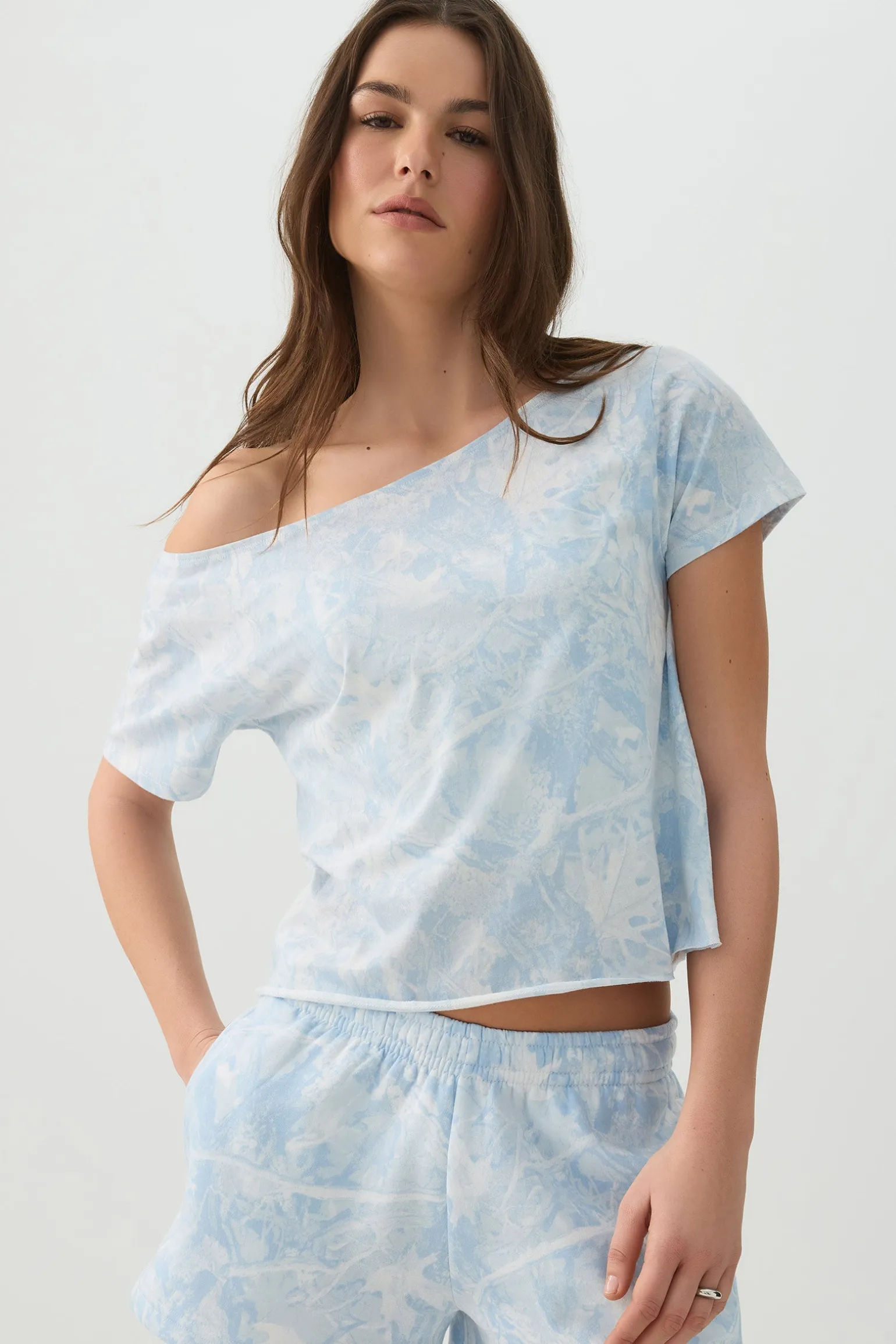 Blue Camouflage Off Shoulder T-Shirt