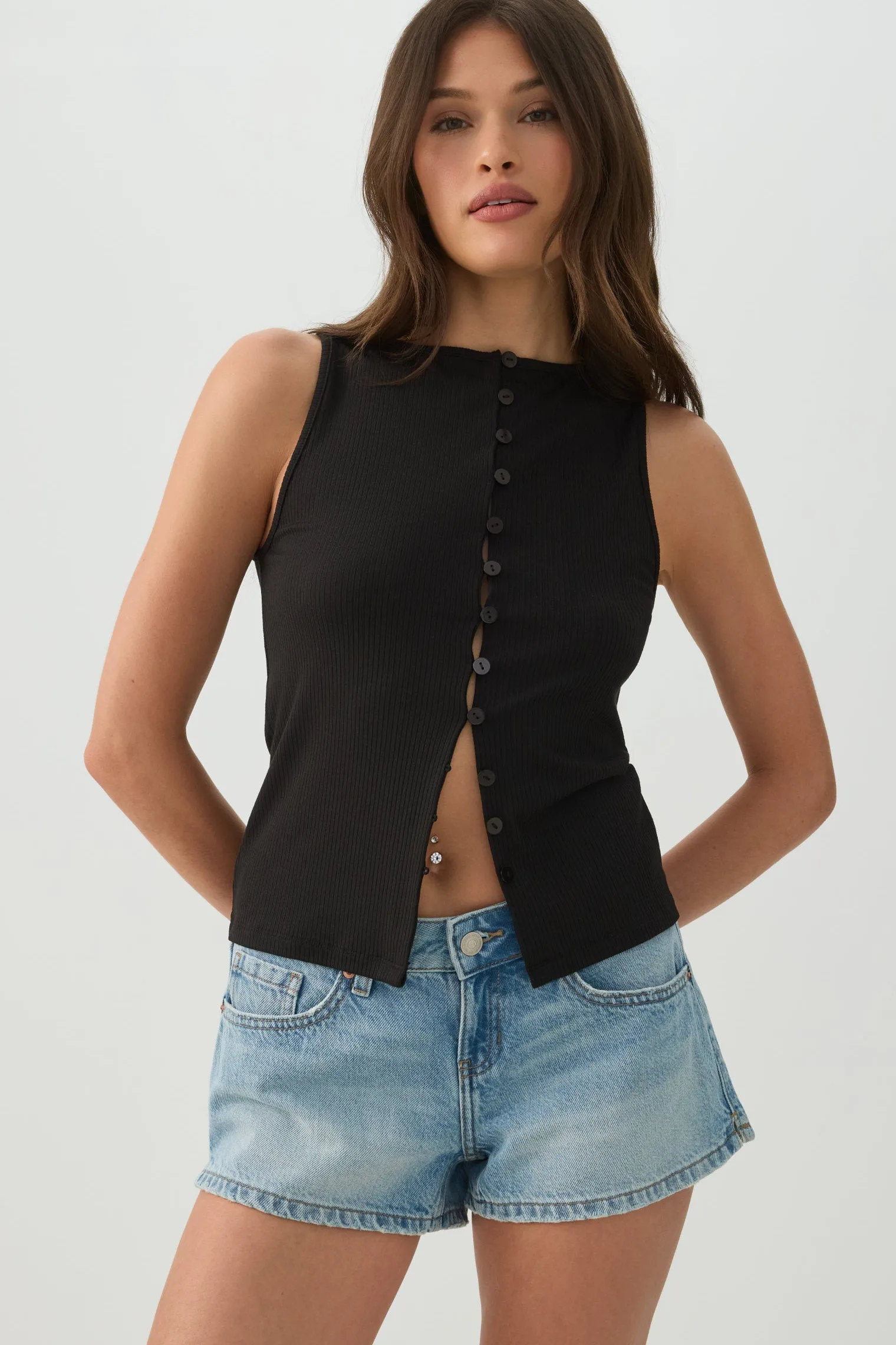 Button Front Rib Tank Top