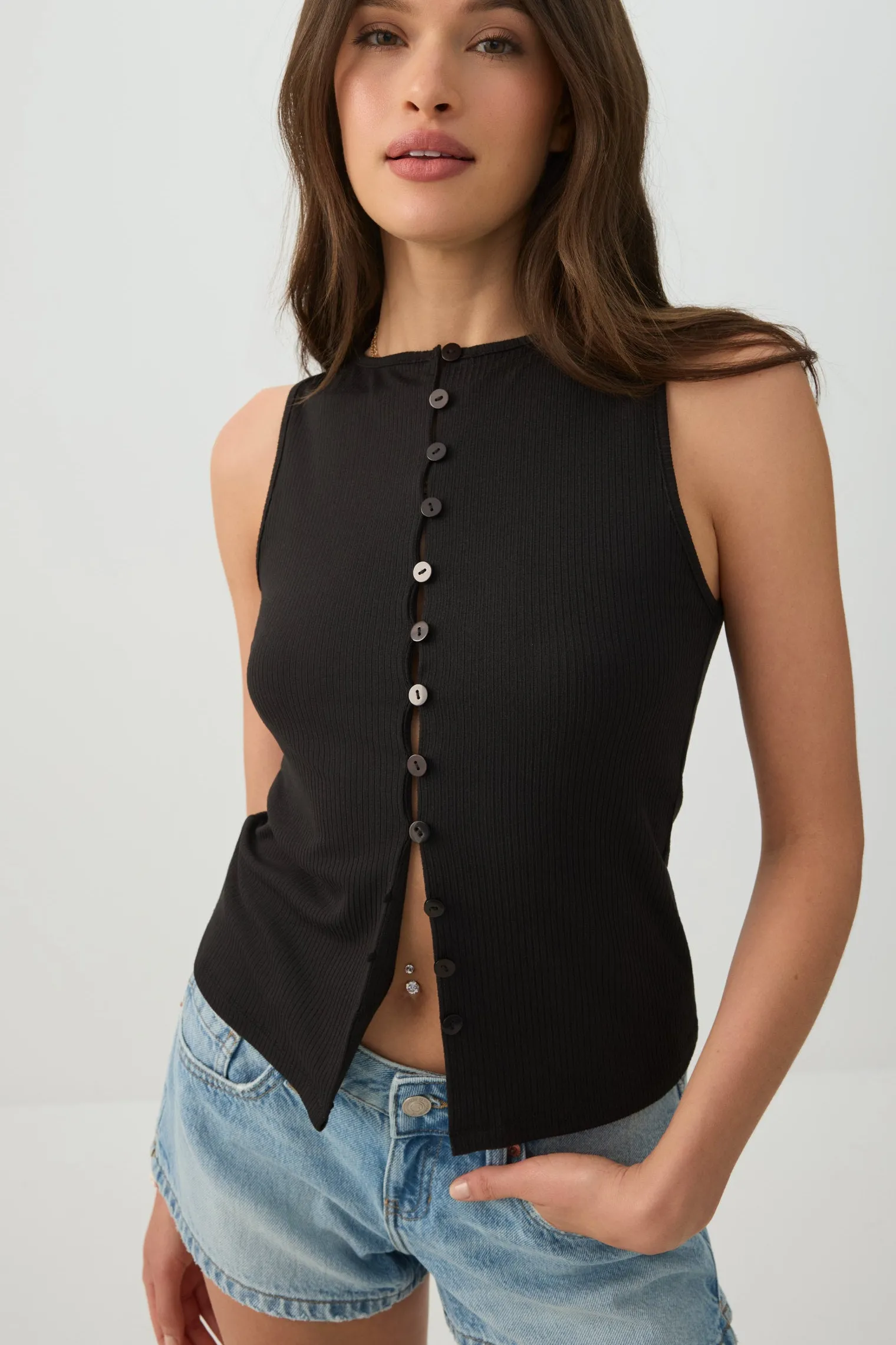 Button Front Rib Tank Top
