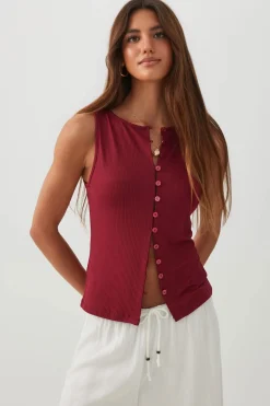 Button Front Rib Tank Top