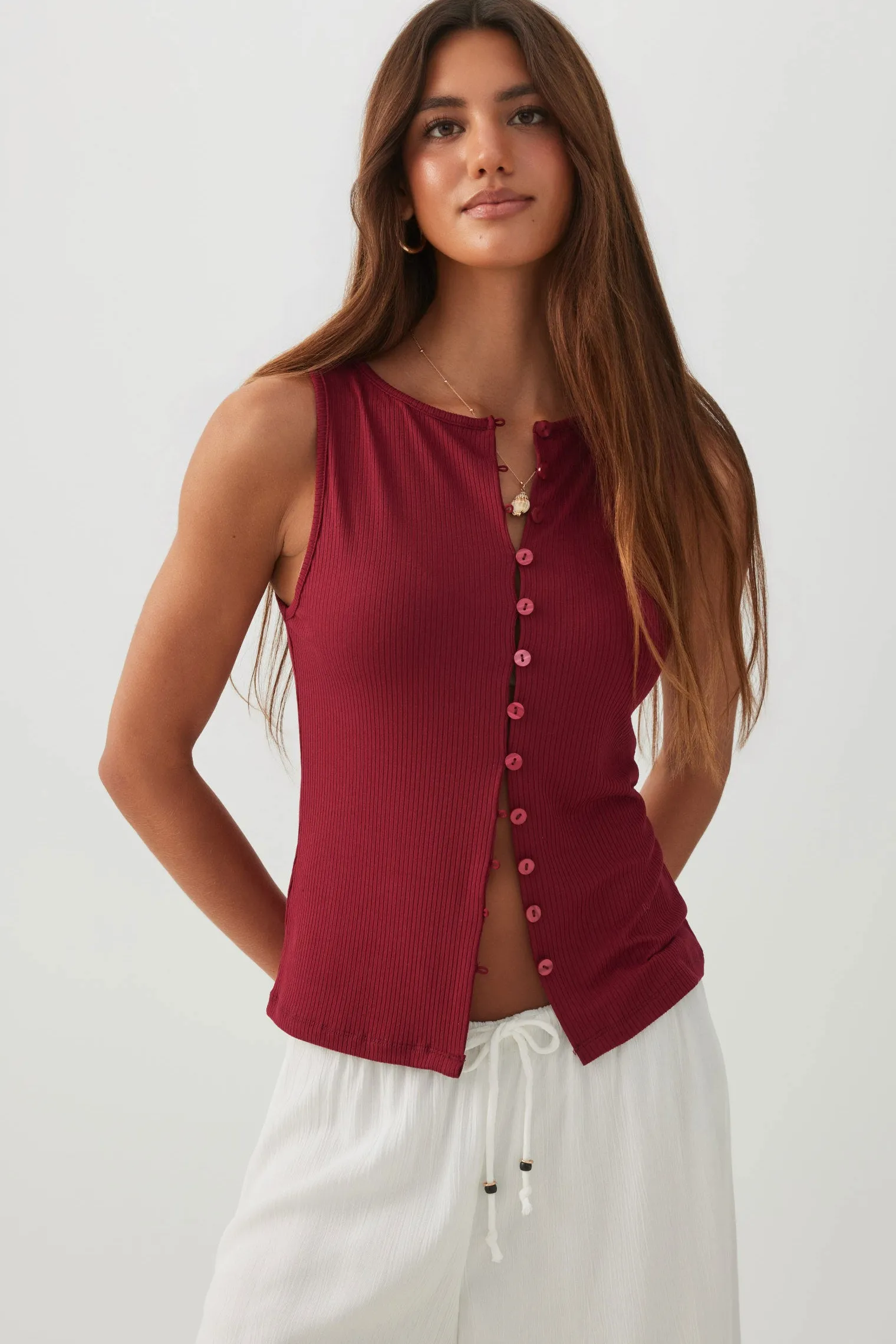 Button Front Rib Tank Top