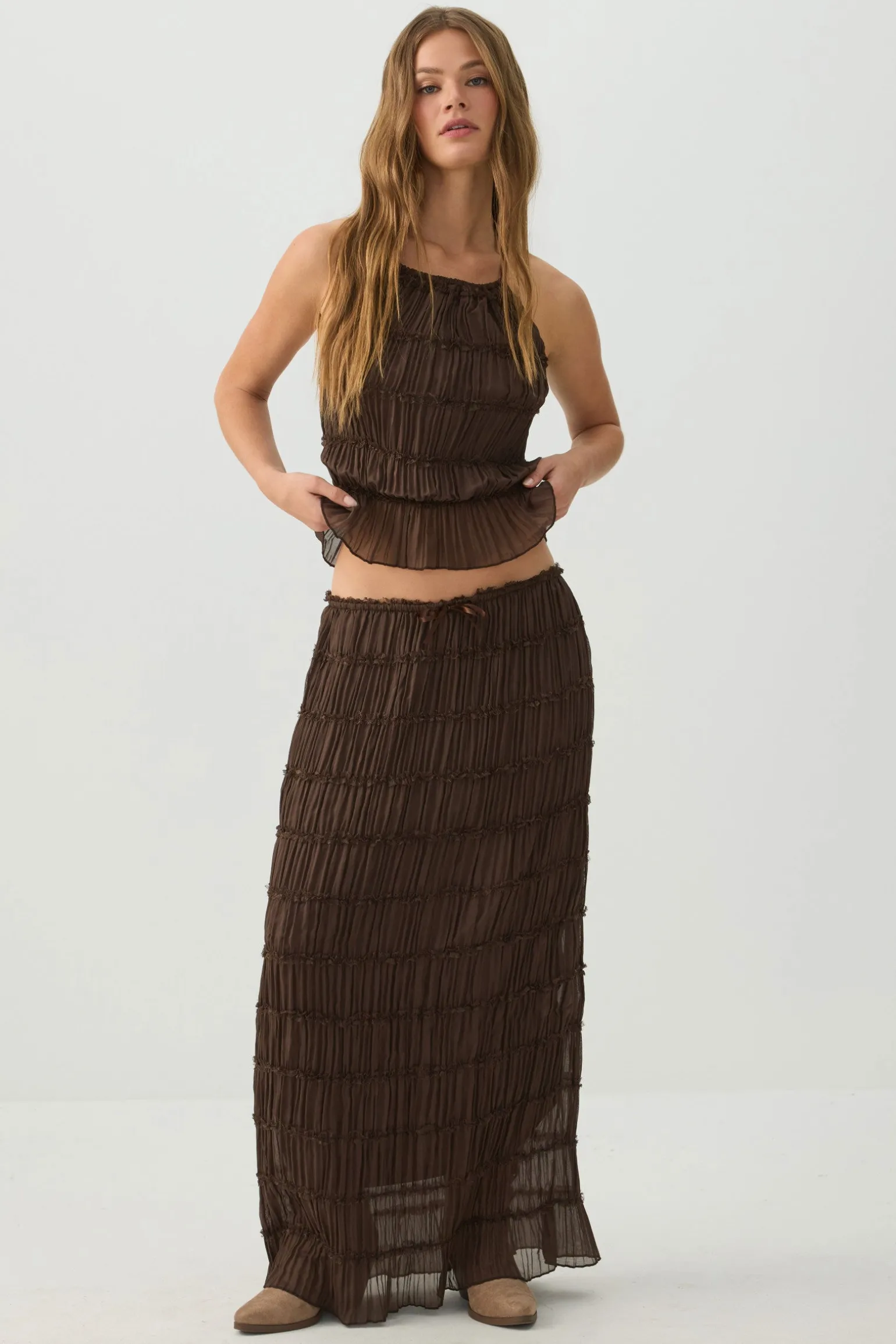 Crinkled Chiffon Tiered Maxi Skirt