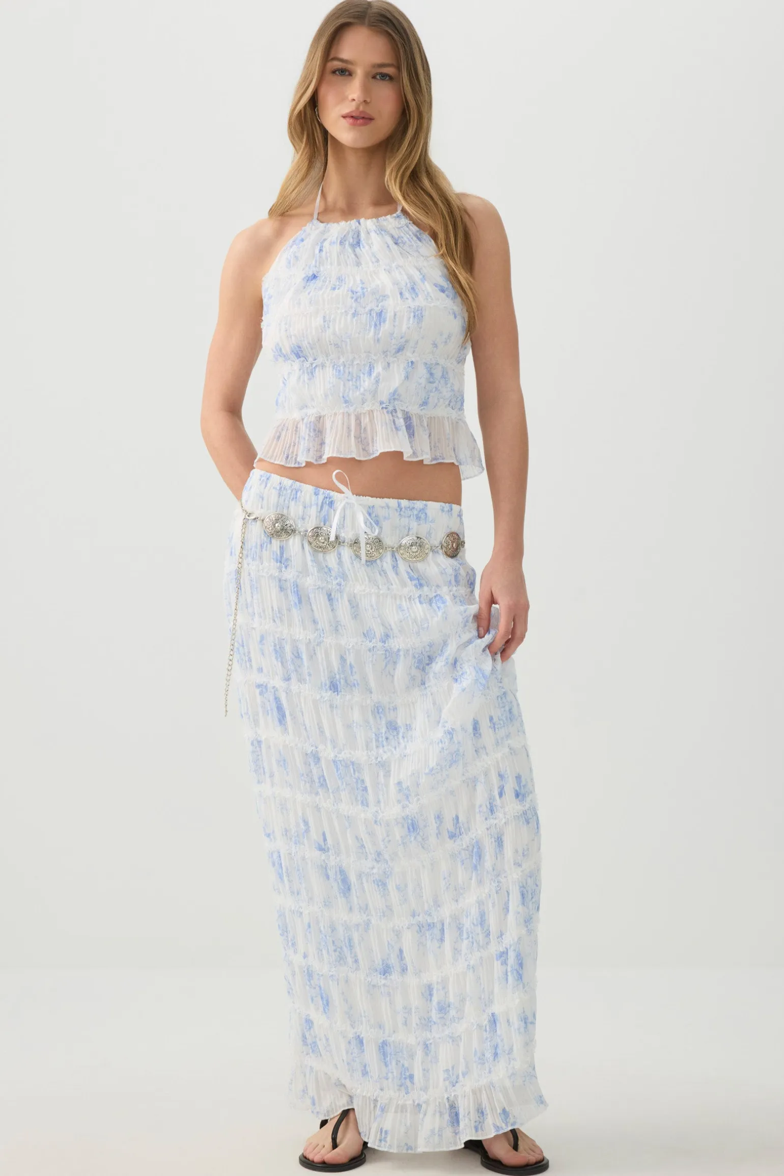 Crinkled Chiffon Tiered Maxi Skirt