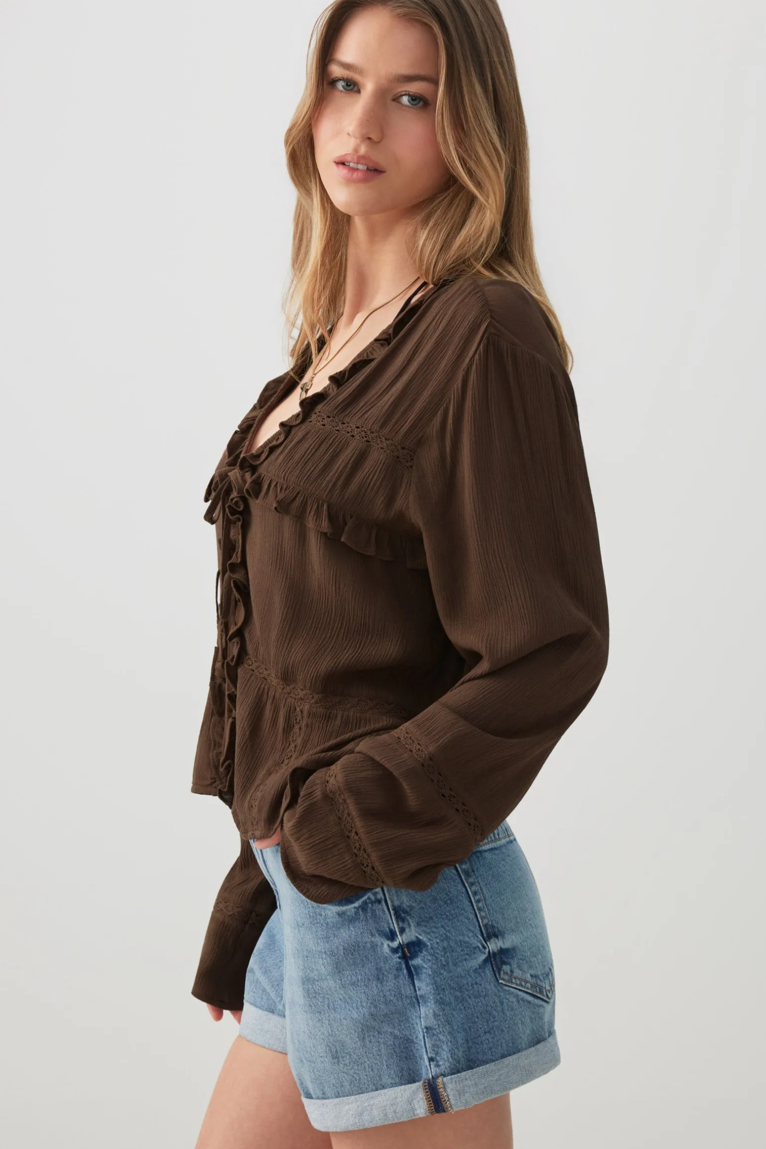 Crinkled Tie Front Blouse with Ruffles