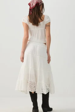 Crochet Trim Tiered Midi Skirt