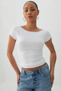 Cropped Boat Neck Rib T-Shirt
