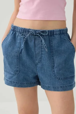 Denim Mid Rise Shorts with Patch Pockets
