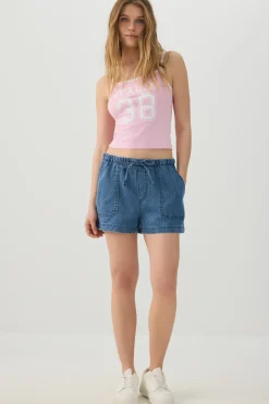Denim Mid Rise Shorts with Patch Pockets