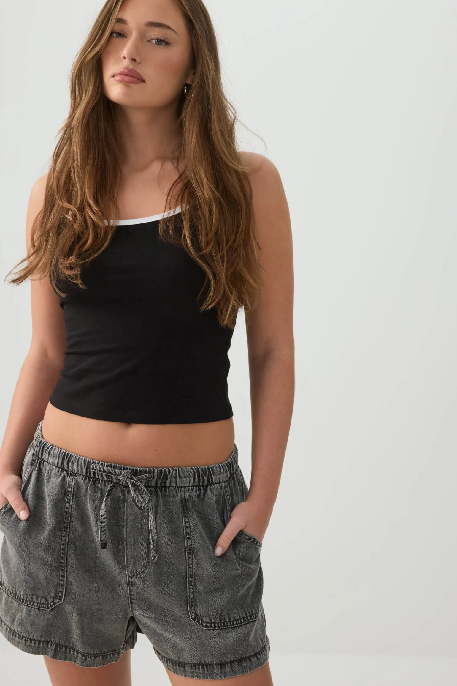 Denim Mid Rise Shorts with Patch Pockets