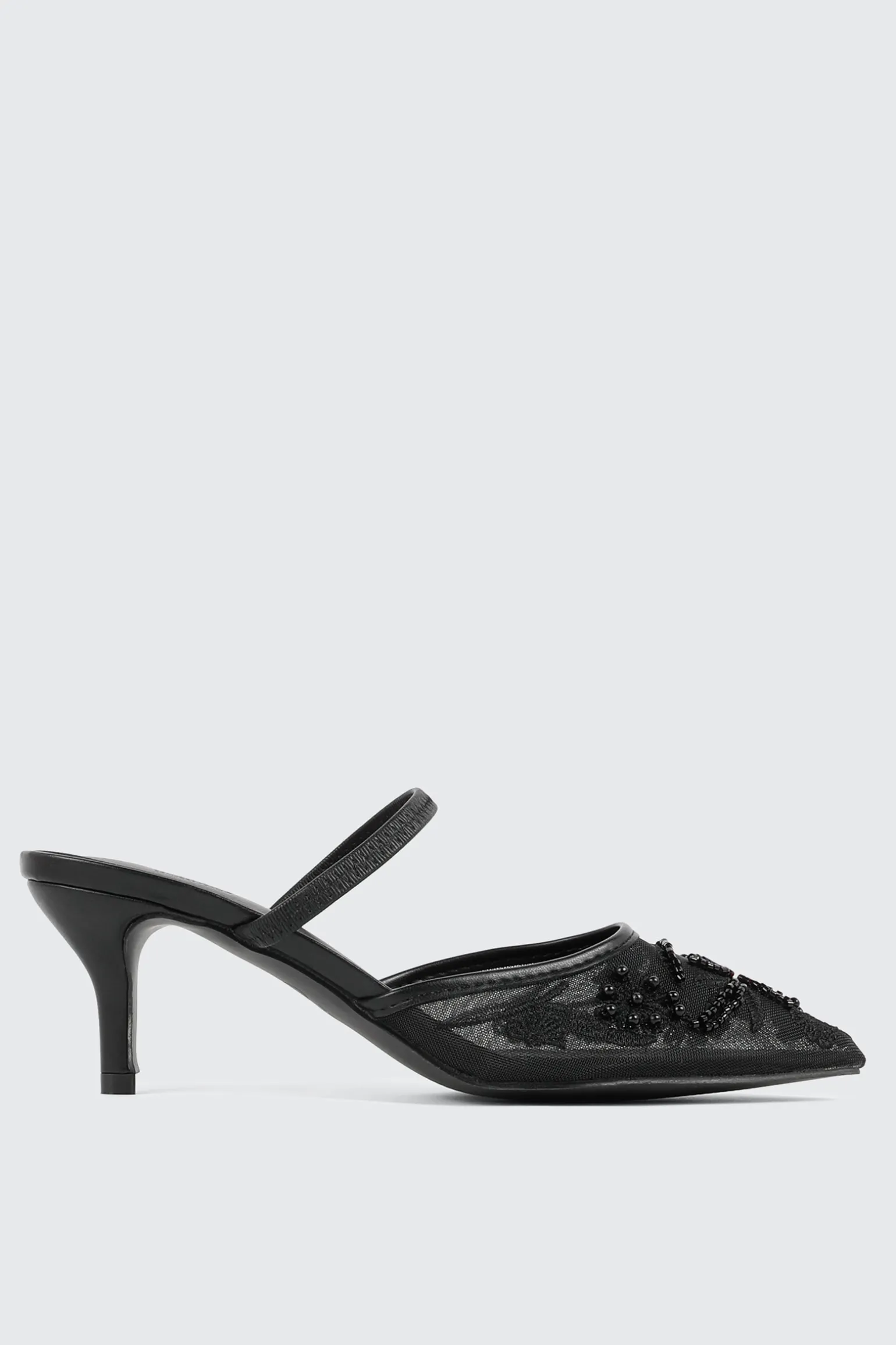 Embroidered Mesh Mule Heels