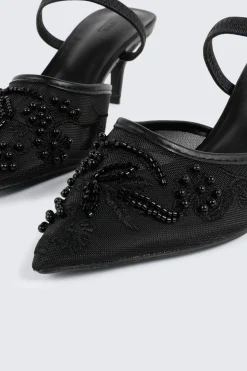 Embroidered Mesh Mule Heels