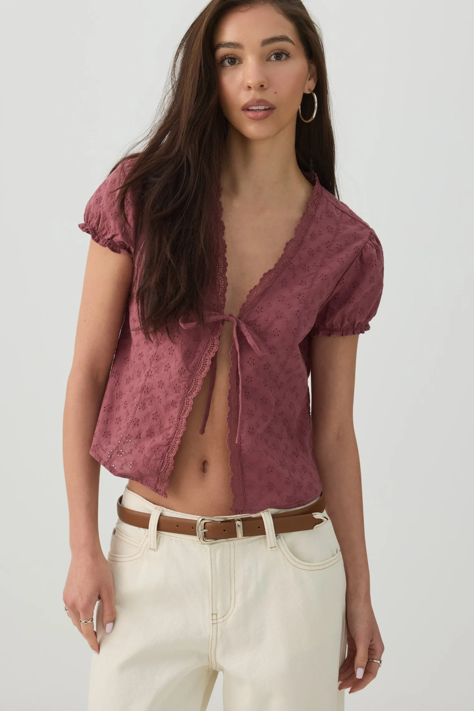 Eyelet Tie Front Top