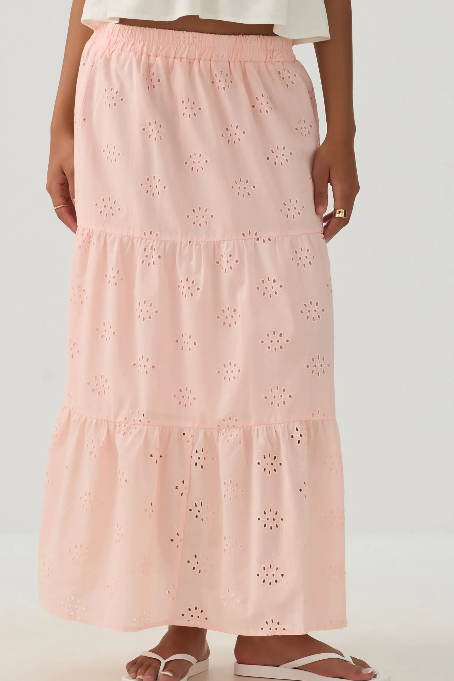 Eyelet Tiered Midi Skirt