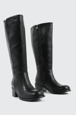 Faux Leather Square Toe Knee High Boots