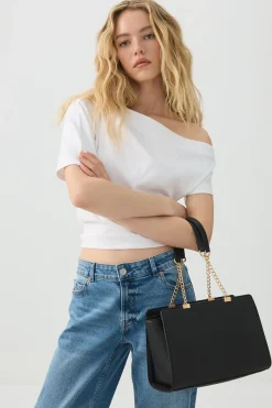 Faux Leather Tote Bag with Chain Straps