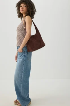Faux Suede Shoulder Bag with Buckle Detail