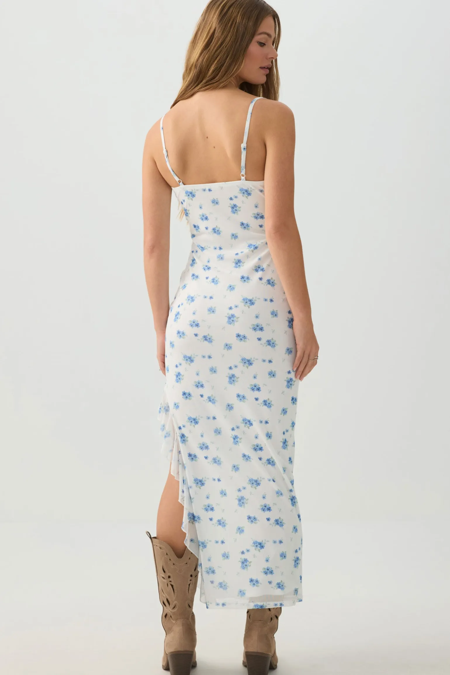Floral Mesh Ruffle Maxi Dress