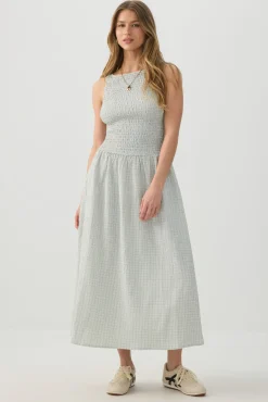 High Neck Smocked Midi Dress