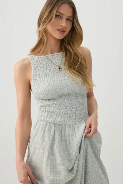 High Neck Smocked Midi Dress