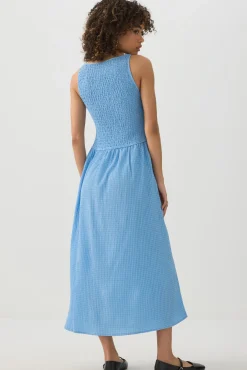 High Neck Smocked Midi Dress