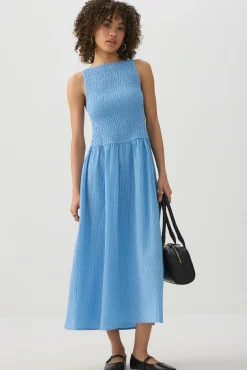 High Neck Smocked Midi Dress