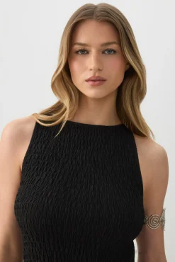 High Neck Smocked Midi Dress