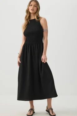 High Neck Smocked Midi Dress