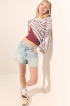 High Rise A-Line Crossover Denim Shorts