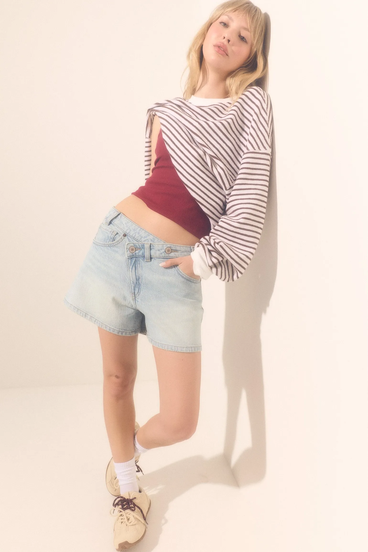 High Rise A-Line Crossover Denim Shorts