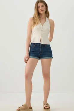 High Rise Denim Cuffed Short Shorts