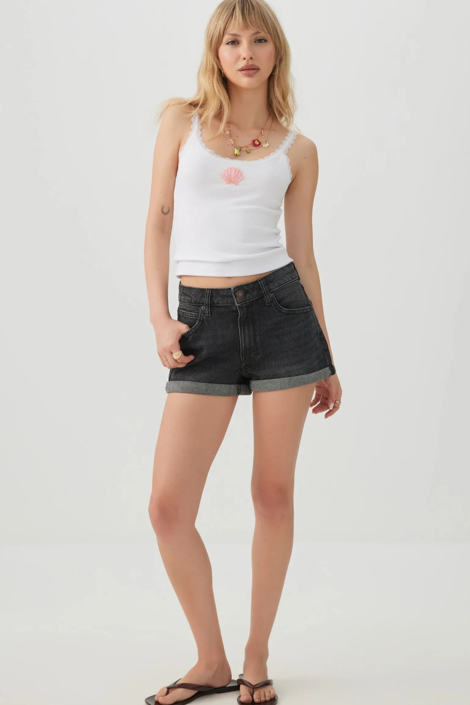 High Rise Denim Cuffed Short Shorts