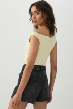 High Rise Denim Midi Shorts
