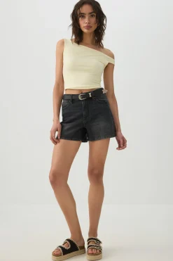 High Rise Denim Midi Shorts