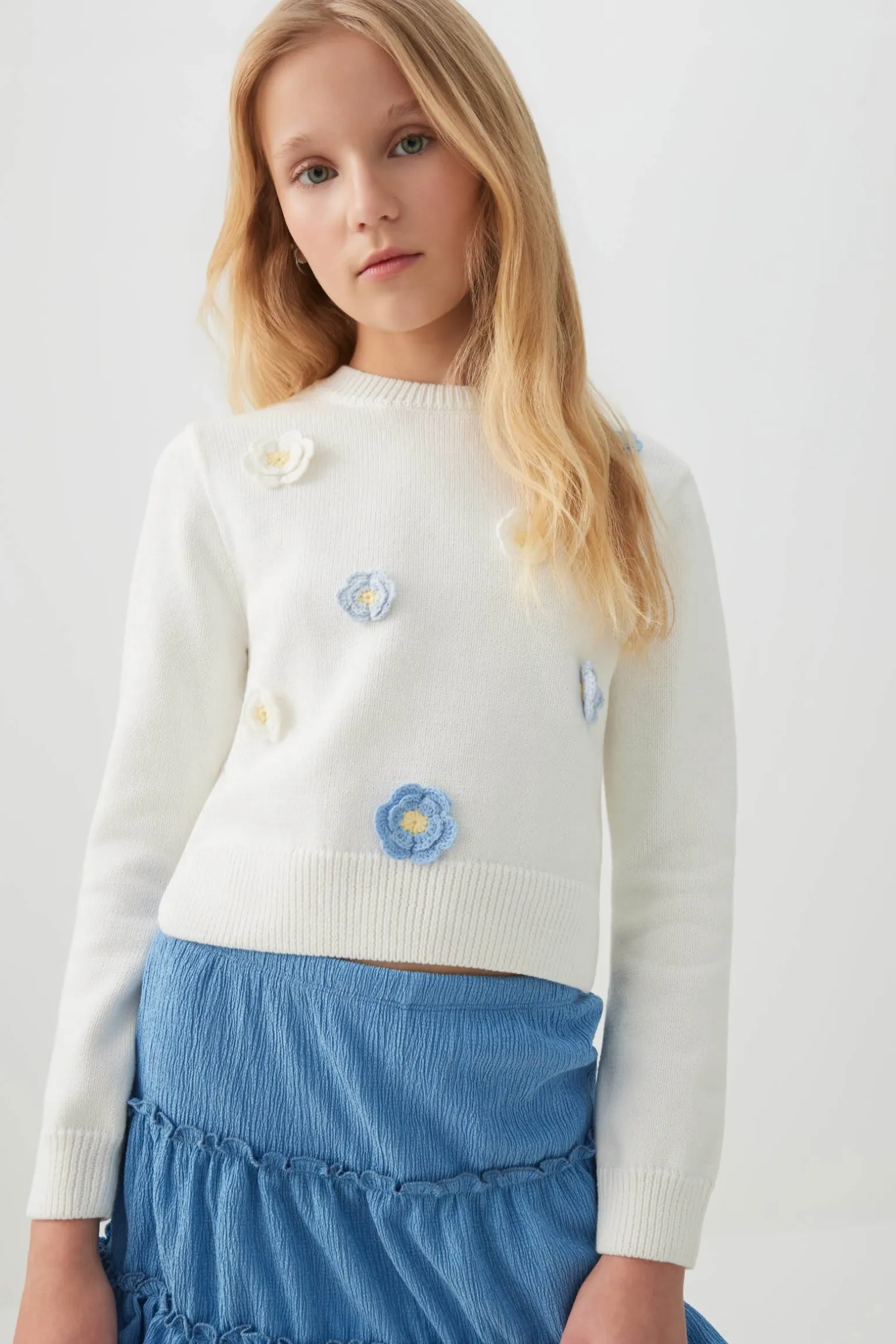 Knit Sweater with Flower Embellishments