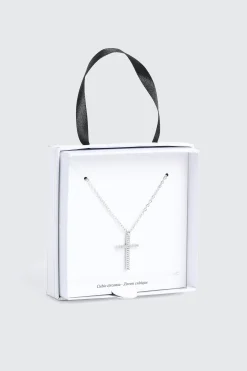 14K White Gold Plated Cross Necklace