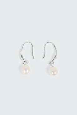 14K White Gold Plated Pearl Drop Earrings
