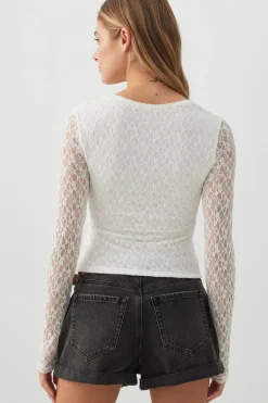 Lace Trapeze Neck Long Sleeve Top