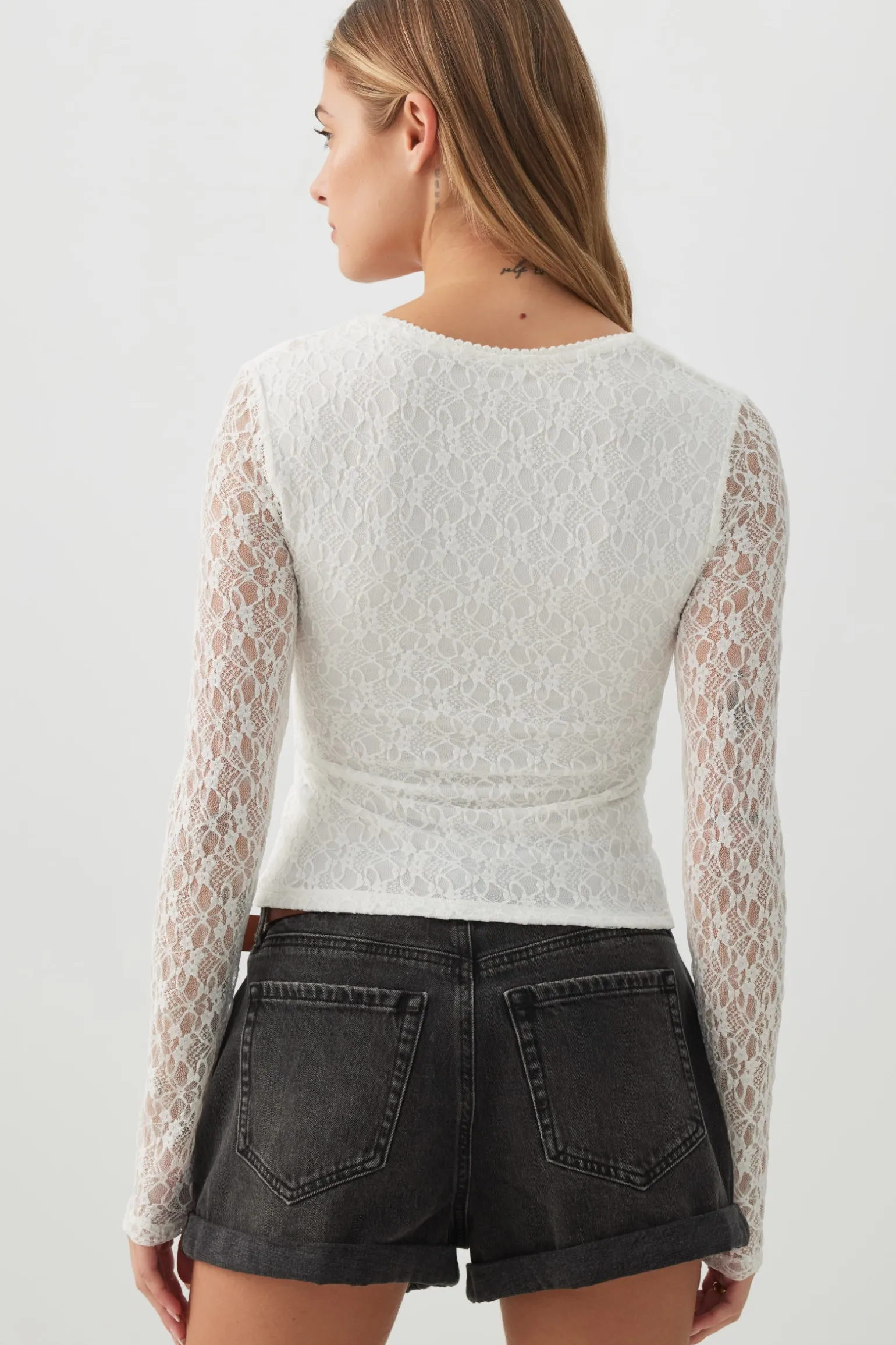Lace Trapeze Neck Long Sleeve Top