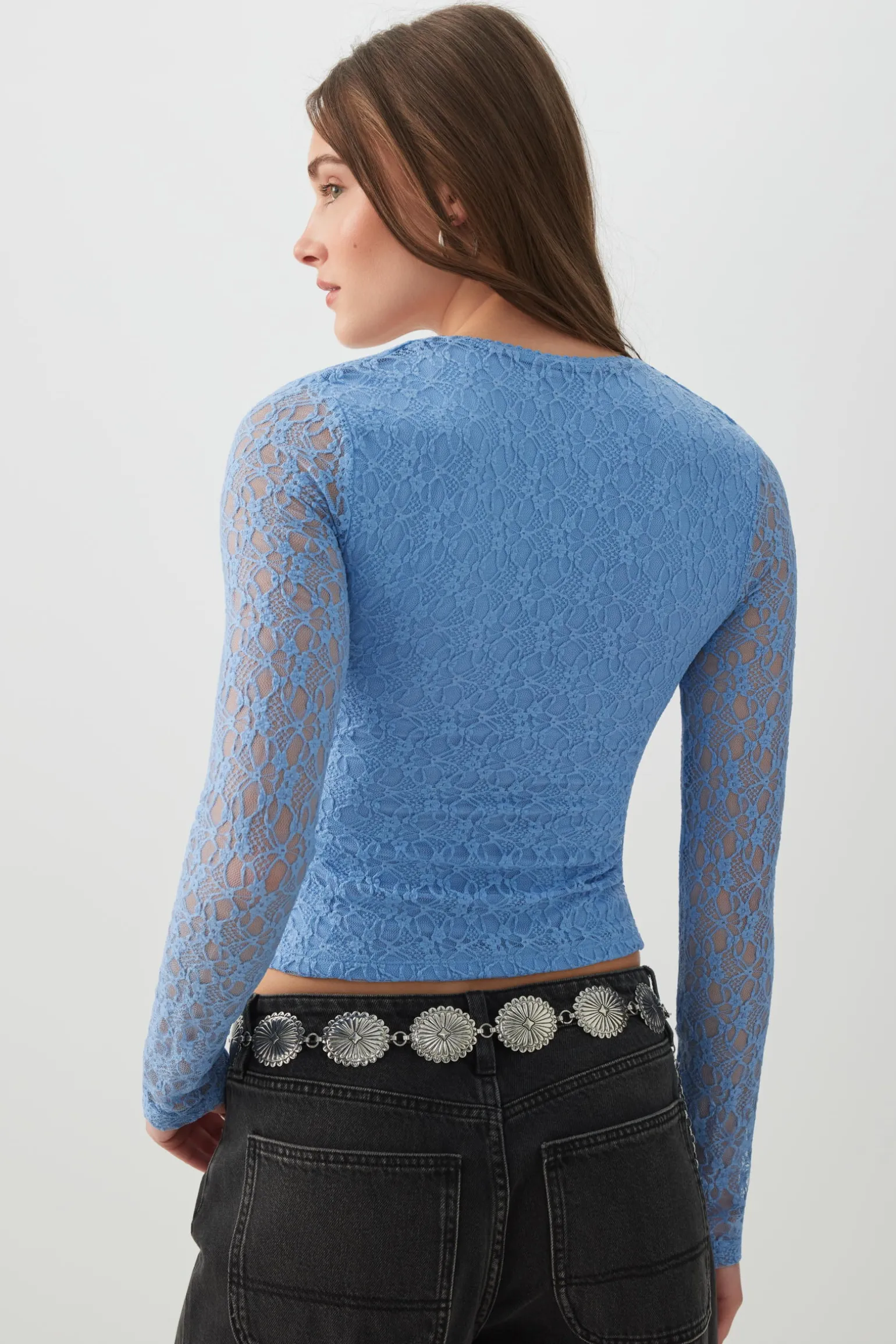 Lace Trapeze Neck Long Sleeve Top