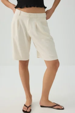 Linen Blend Mid Rise Bermuda Shorts
