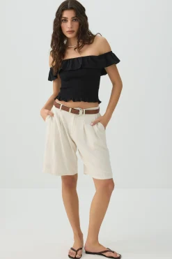 Linen Blend Mid Rise Bermuda Shorts