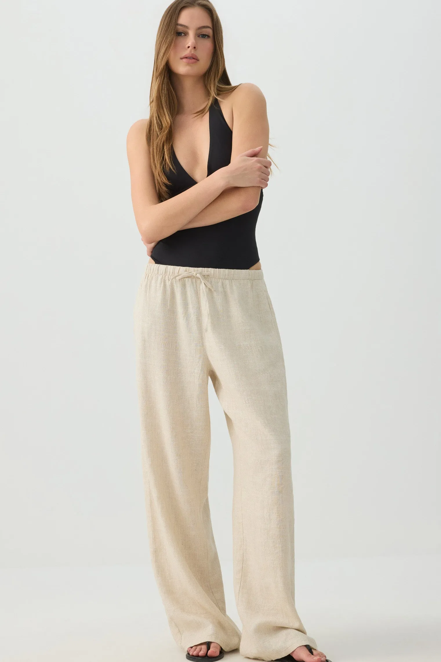 Linen Blend Mid Rise Pants