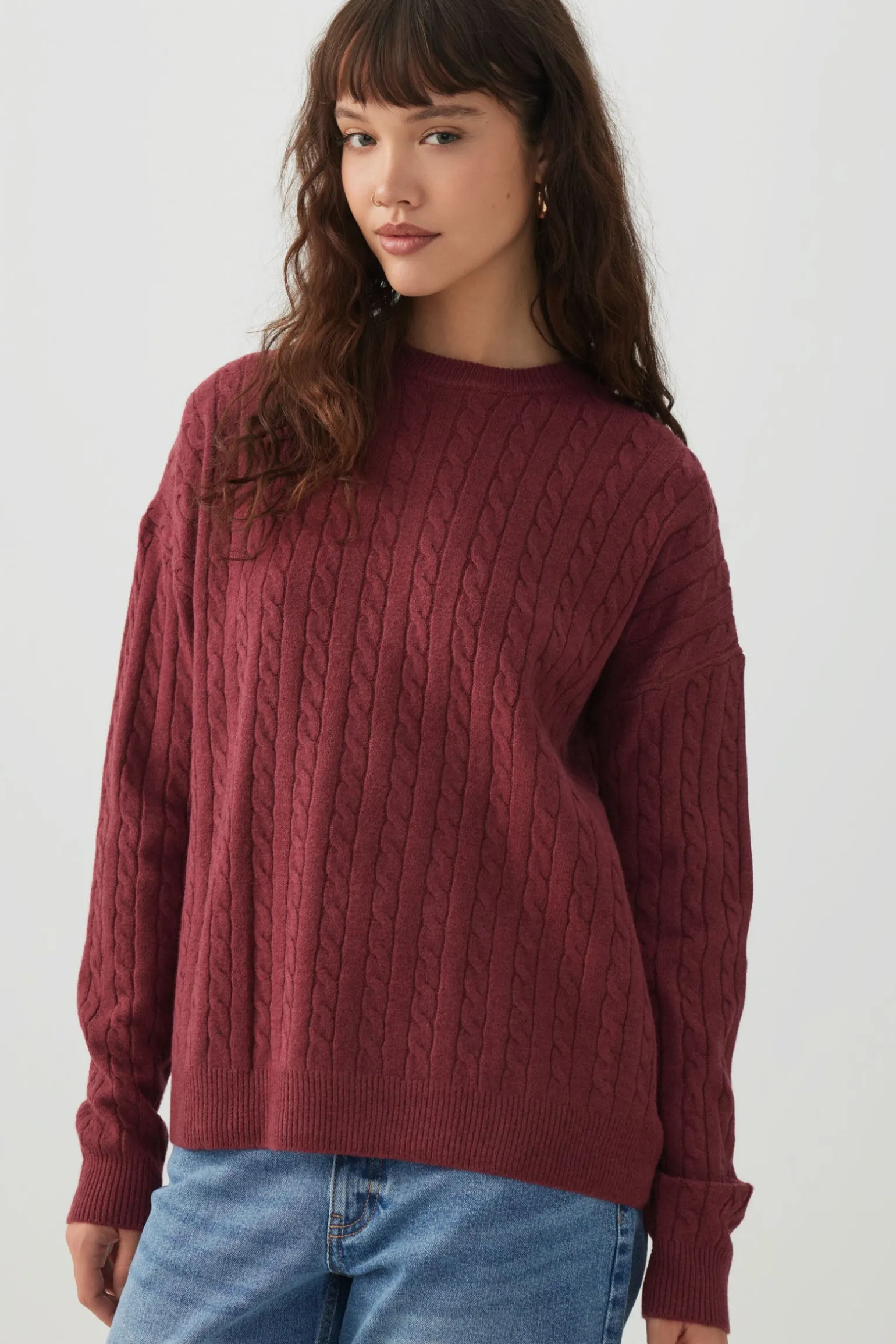 Long Cable Knit Crew Neck Sweater