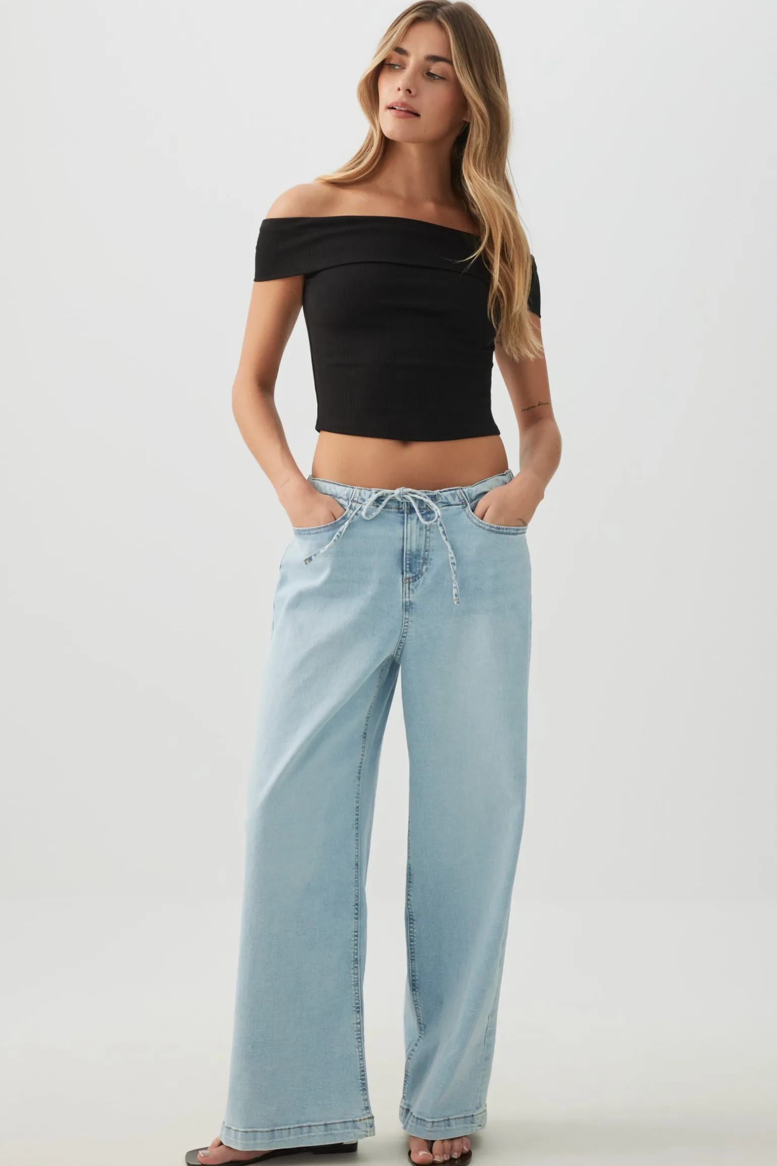 Low Rise Drawstring Wide Leg Jeans