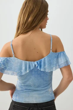 Mesh Cold Shoulder Short Sleeve Top