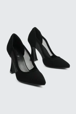 Mesh & Faux Suede Flare Heel Pumps