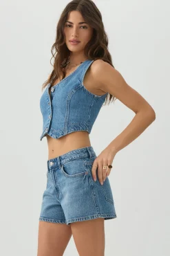 Mid Rise A Line Denim Shorts