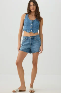 Mid Rise A Line Denim Shorts